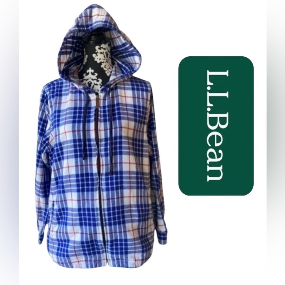LL‎ Bean Women's Cotton Hooded Zip-Up in Blue Scotch Plaid (Size XL)